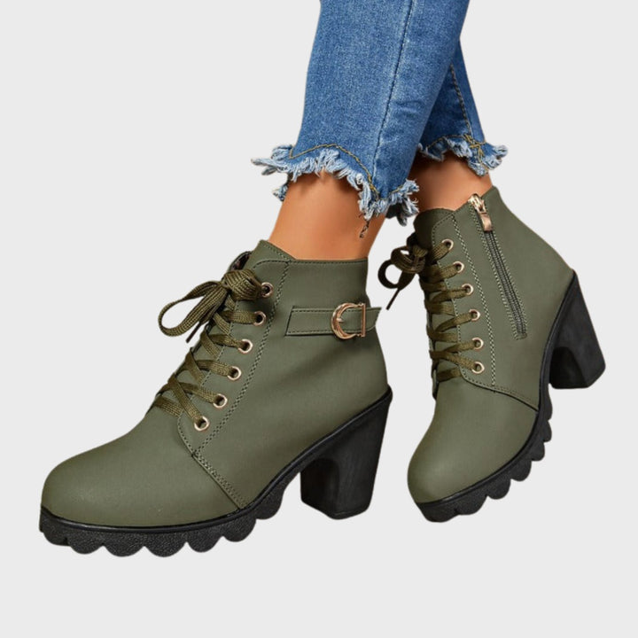 Women's Block Heel Lace-Up Side-Zip Ankle Boots - Green