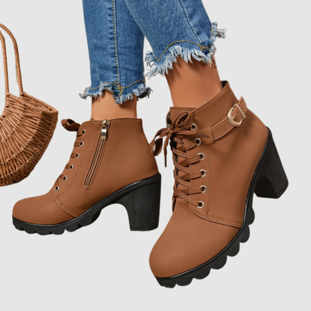 Women's Block Heel Lace-Up Side-Zip Ankle Boots - Brown