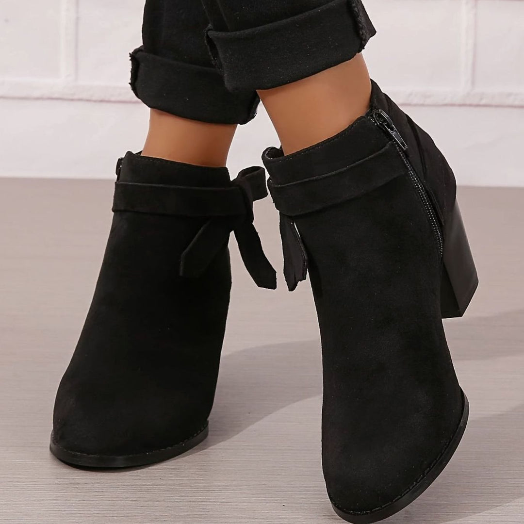 Women's Block Heel Pointed Toe Ankle Boots with Bow Detail