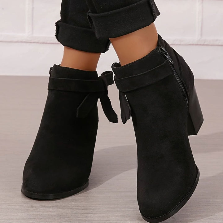 Women's Block Heel Pointed Toe Ankle Boots with Bow Detail