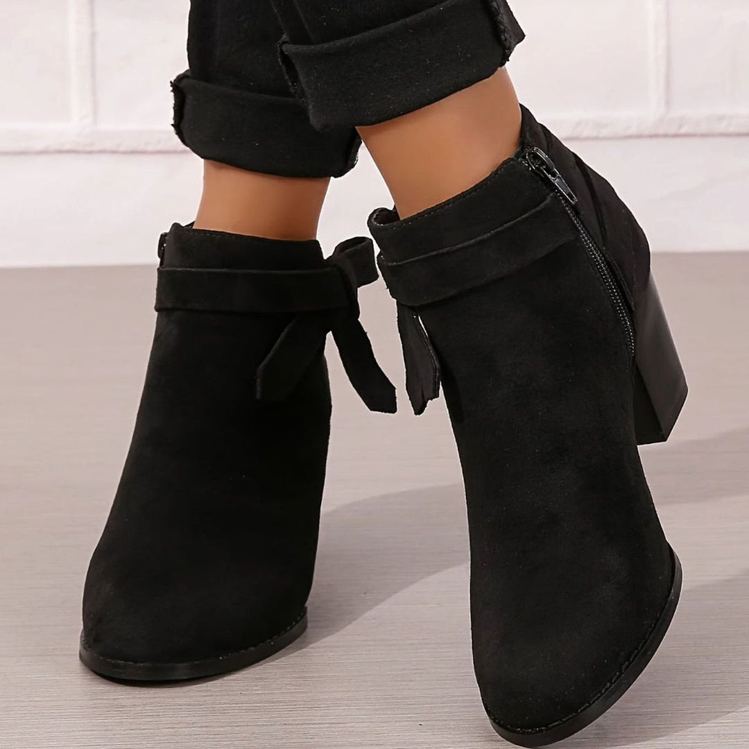 Women's Block Heel Pointed Toe Ankle Boots with Bow Detail - Black