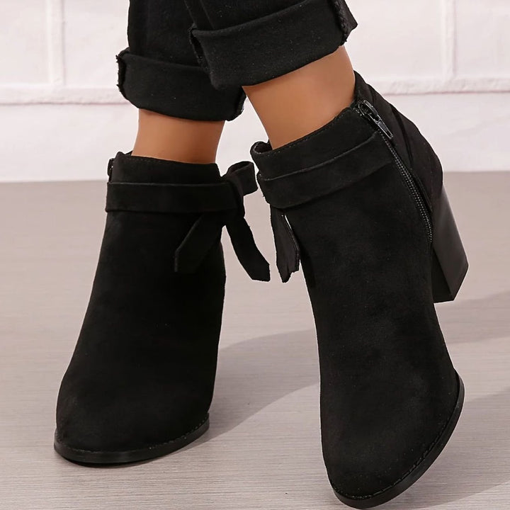 Women's Block Heel Pointed Toe Ankle Boots with Bow Detail - Black