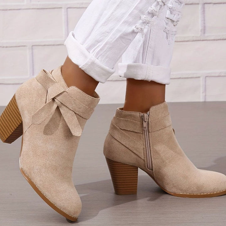 Women's Block Heel Pointed Toe Ankle Boots with Bow Detail