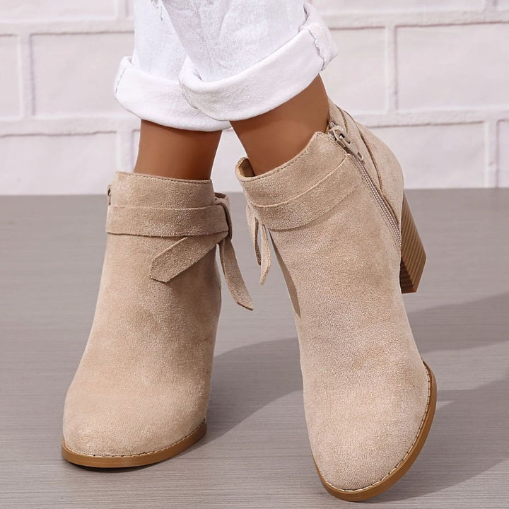 Women's Block Heel Pointed Toe Ankle Boots with Bow Detail