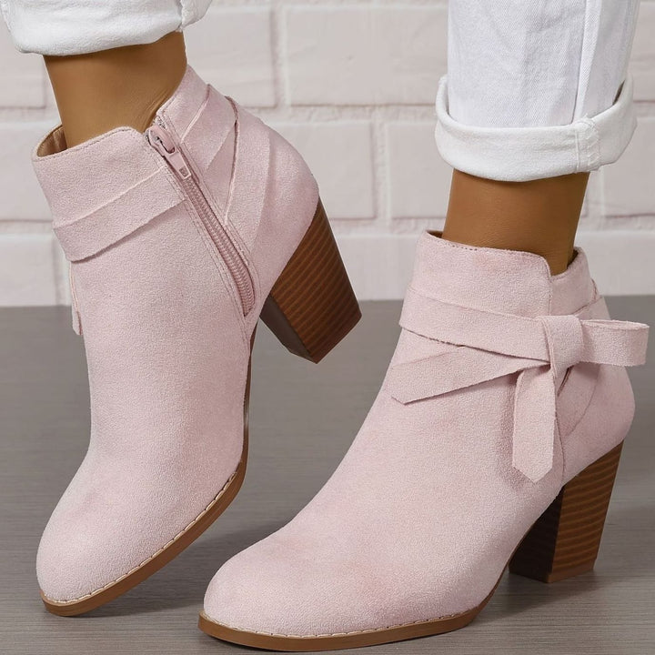 Women's Block Heel Pointed Toe Ankle Boots with Bow Detail - Pink