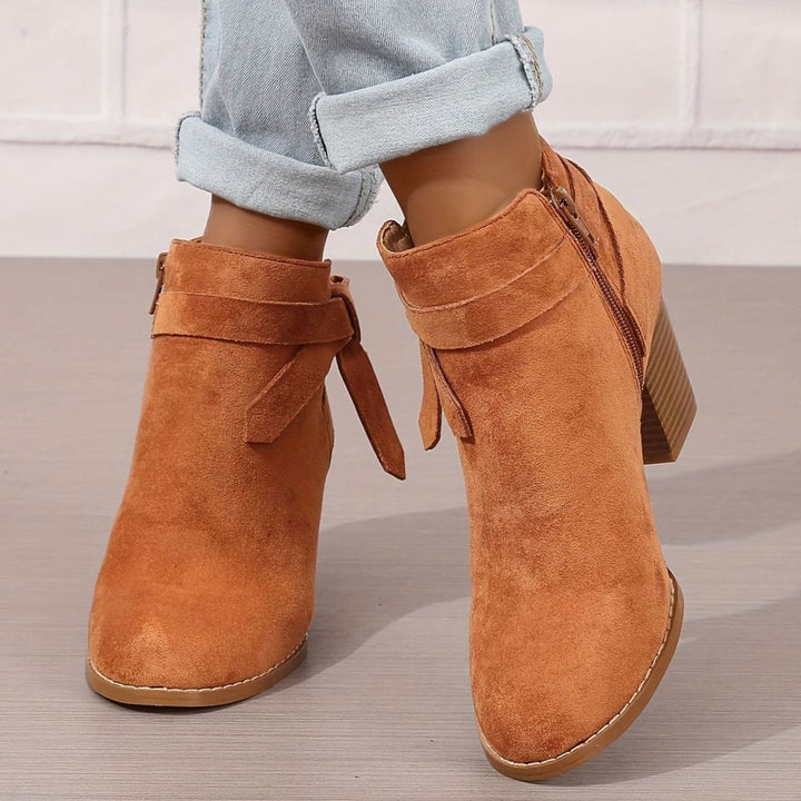 Women's Block Heel Pointed Toe Ankle Boots with Bow Detail - Orange