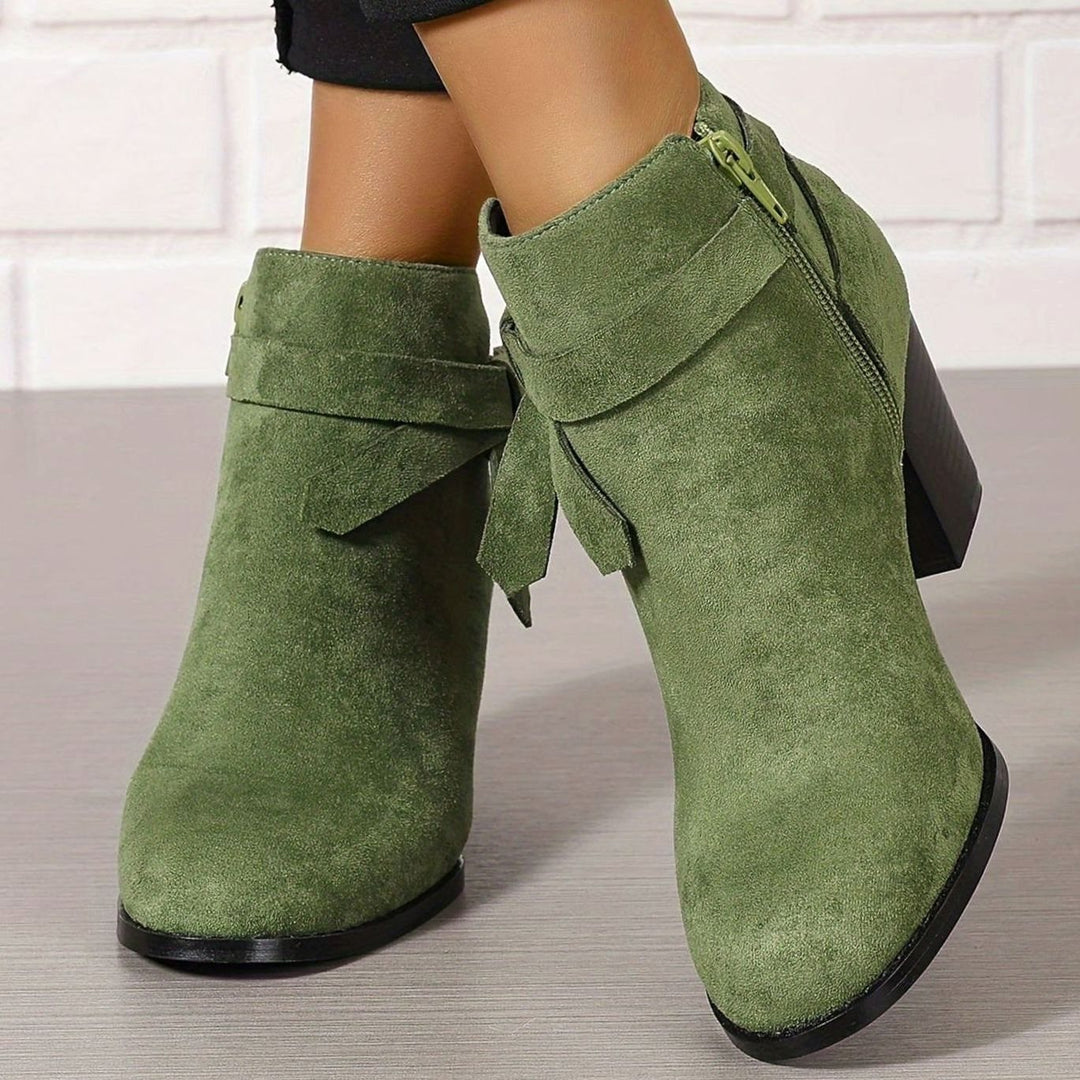 Women's Block Heel Pointed Toe Ankle Boots with Bow Detail - Green