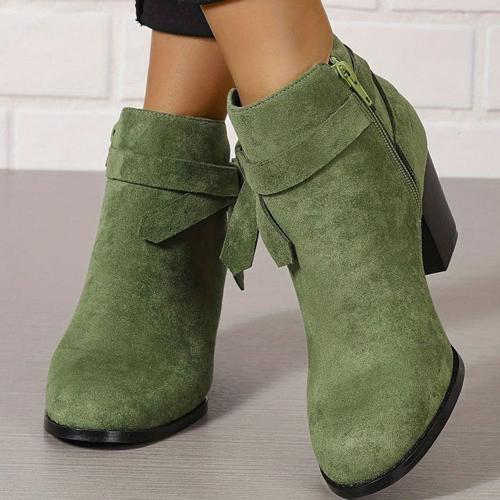 Women's Block Heel Pointed Toe Ankle Boots with Bow Detail