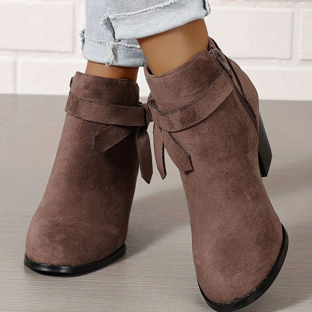 Women's Block Heel Pointed Toe Ankle Boots with Bow Detail