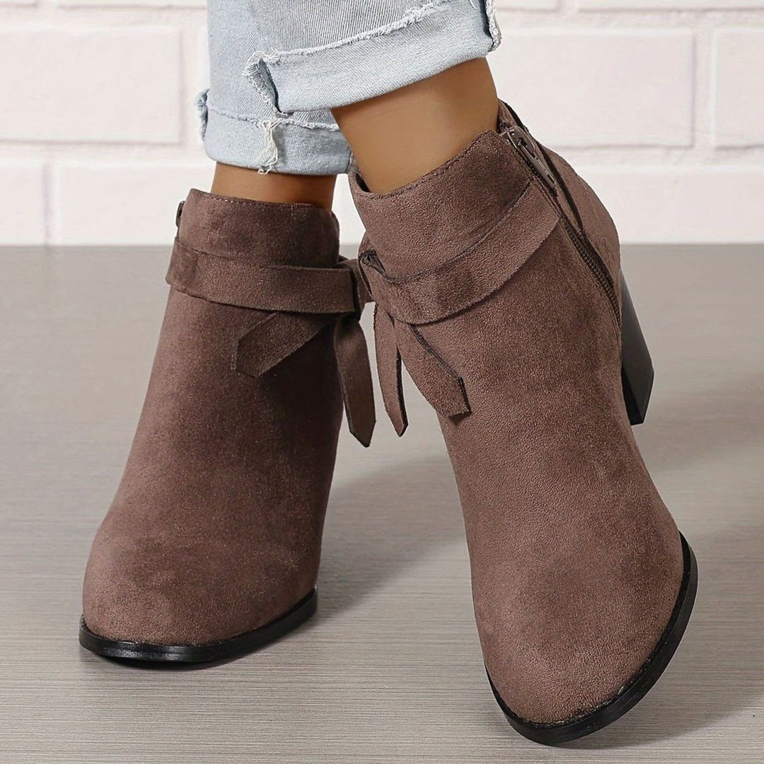 Women's Block Heel Pointed Toe Ankle Boots with Bow Detail