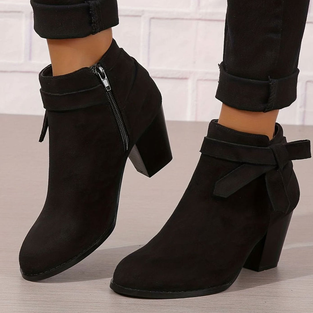 Women's Block Heel Pointed Toe Ankle Boots with Bow Detail