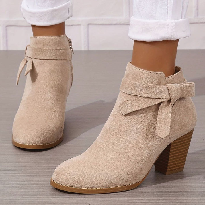 Women's Block Heel Pointed Toe Ankle Boots with Bow Detail - Beige