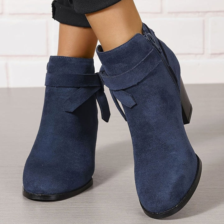 Women's Block Heel Pointed Toe Ankle Boots with Bow Detail