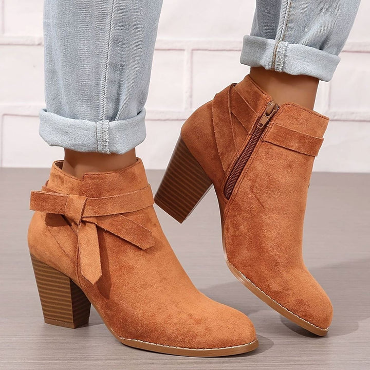 Women's Block Heel Pointed Toe Ankle Boots with Bow Detail