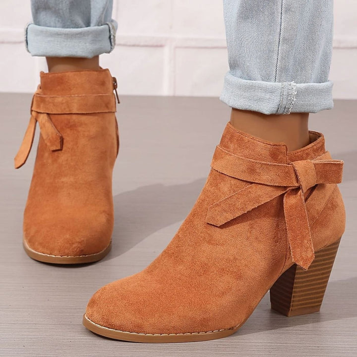 Women's Block Heel Pointed Toe Ankle Boots with Bow Detail