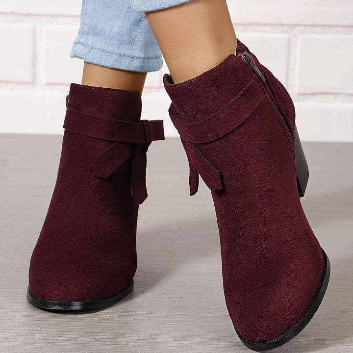 Women's Block Heel Pointed Toe Ankle Boots with Bow Detail - Red