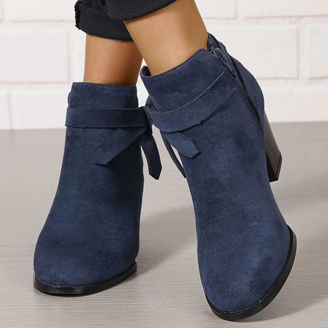 Women's Block Heel Pointed Toe Ankle Boots with Bow Detail - Blue