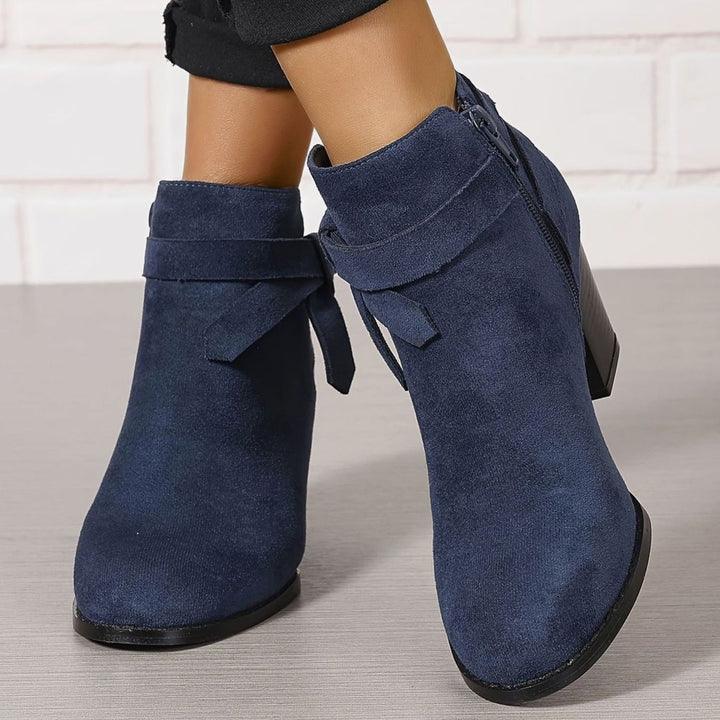 Women's Block Heel Pointed Toe Ankle Boots with Bow Detail - Blue