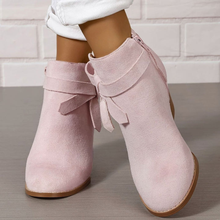 Women's Block Heel Pointed Toe Ankle Boots with Bow Detail