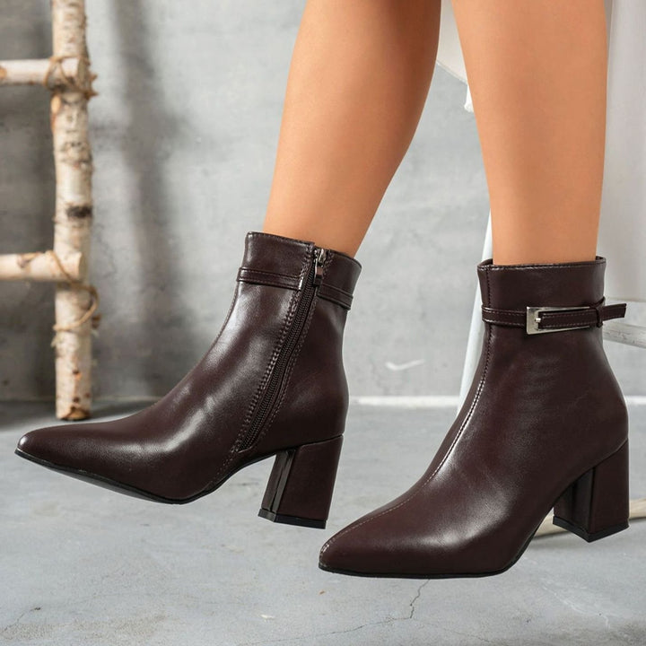 Women's Block Heel Pointed-Toe Side-Zip Ankle Boots - Brown