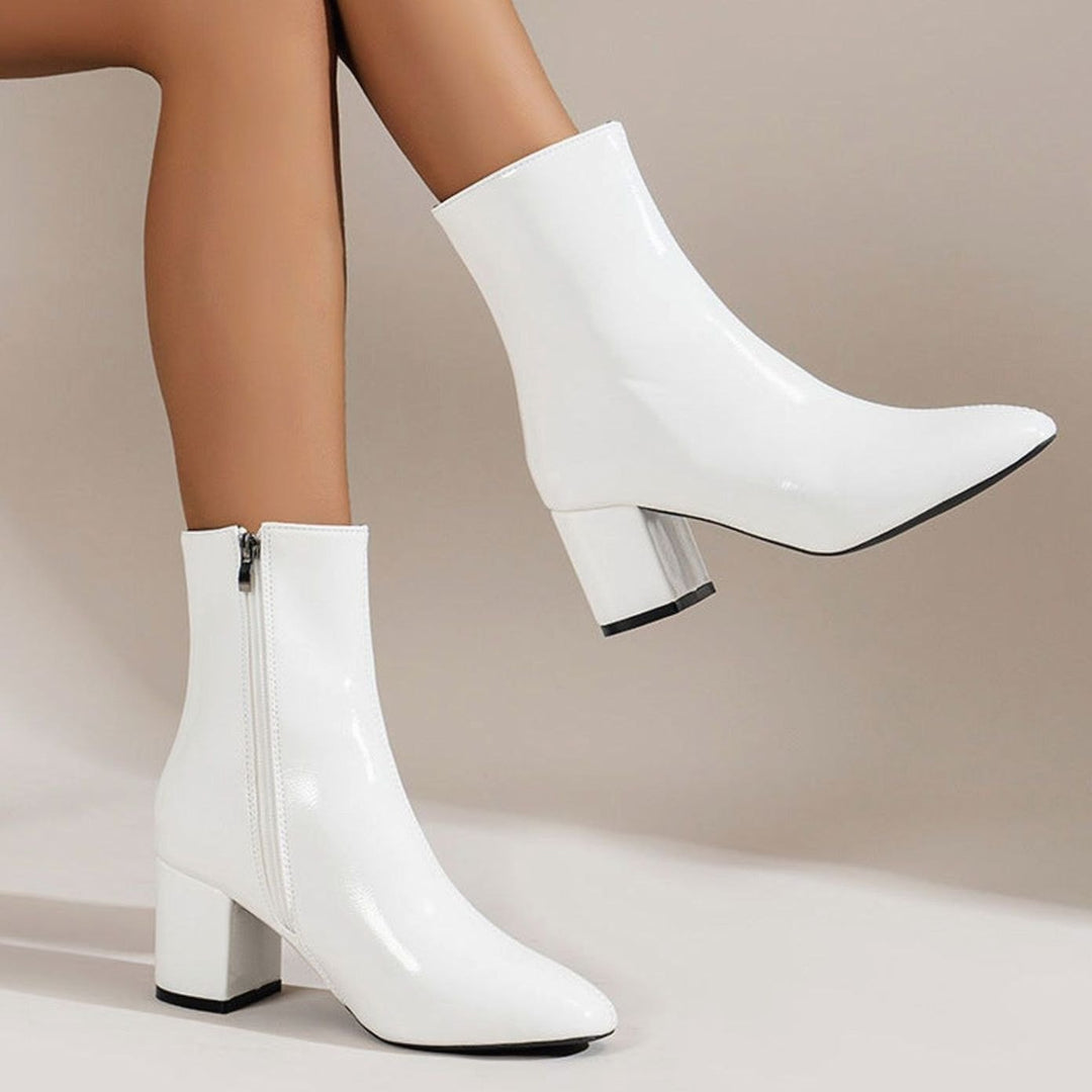 Women's Block Heel Side-Zip Pointed-Toe Ankle Boots - White