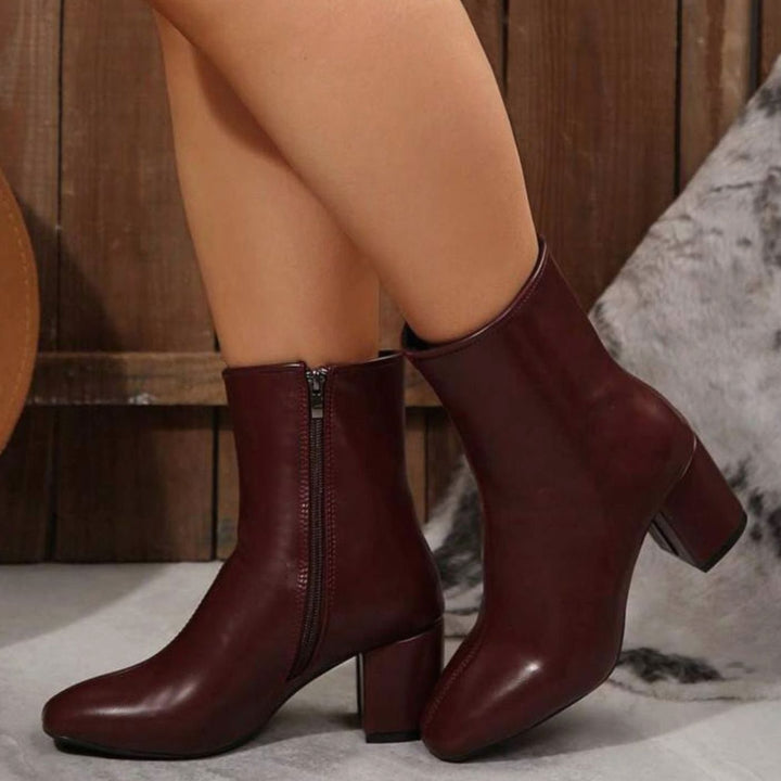 Women's Block Heel Side-Zip Pointed-Toe Ankle Boots - Burgundy