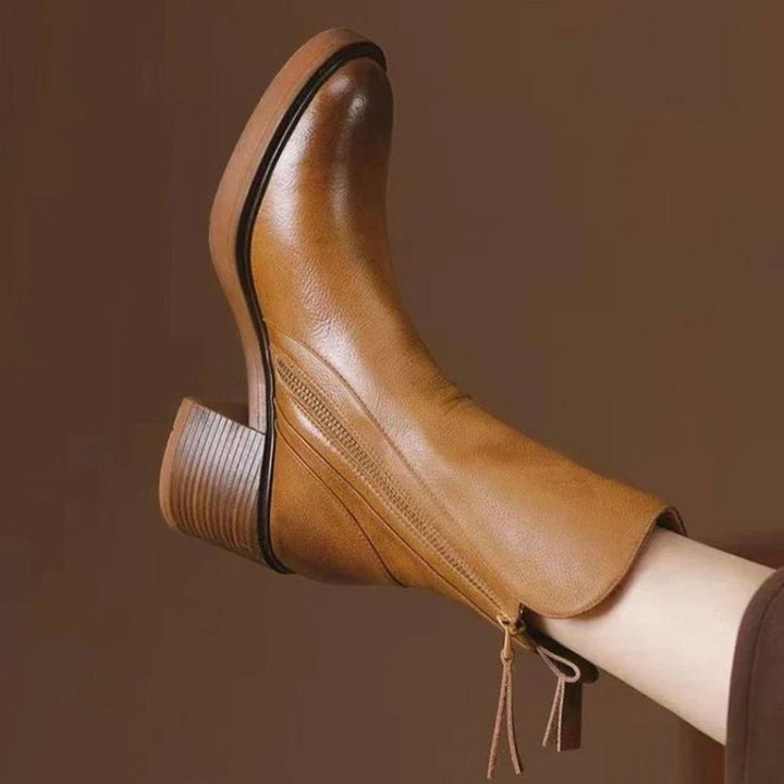Women's Block-Heel Side-Zip Tan Leather Ankle Boots
