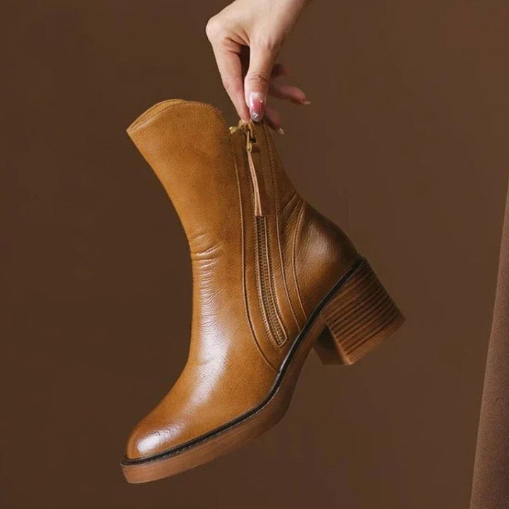Women's Block-Heel Side-Zip Tan Leather Ankle Boots - Tan