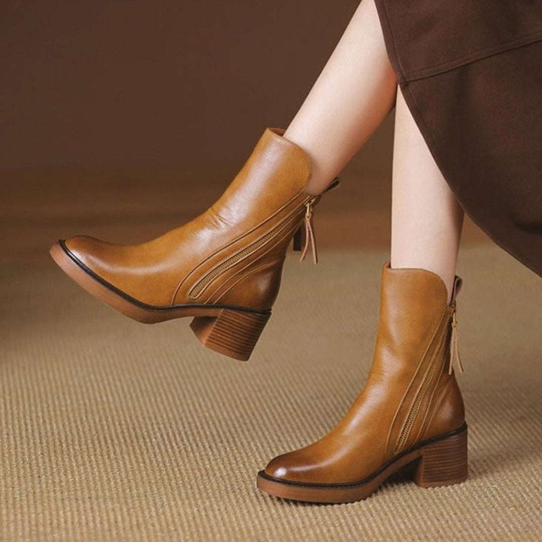 Women's Block-Heel Side-Zip Tan Leather Ankle Boots