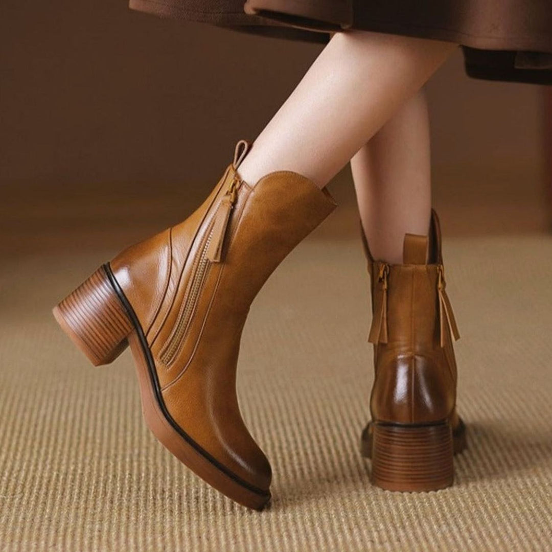 Women's Block-Heel Side-Zip Tan Leather Ankle Boots