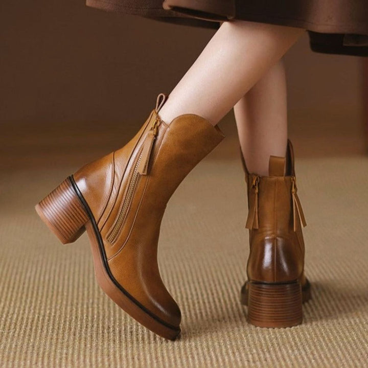 Women's Block-Heel Side-Zip Tan Leather Ankle Boots