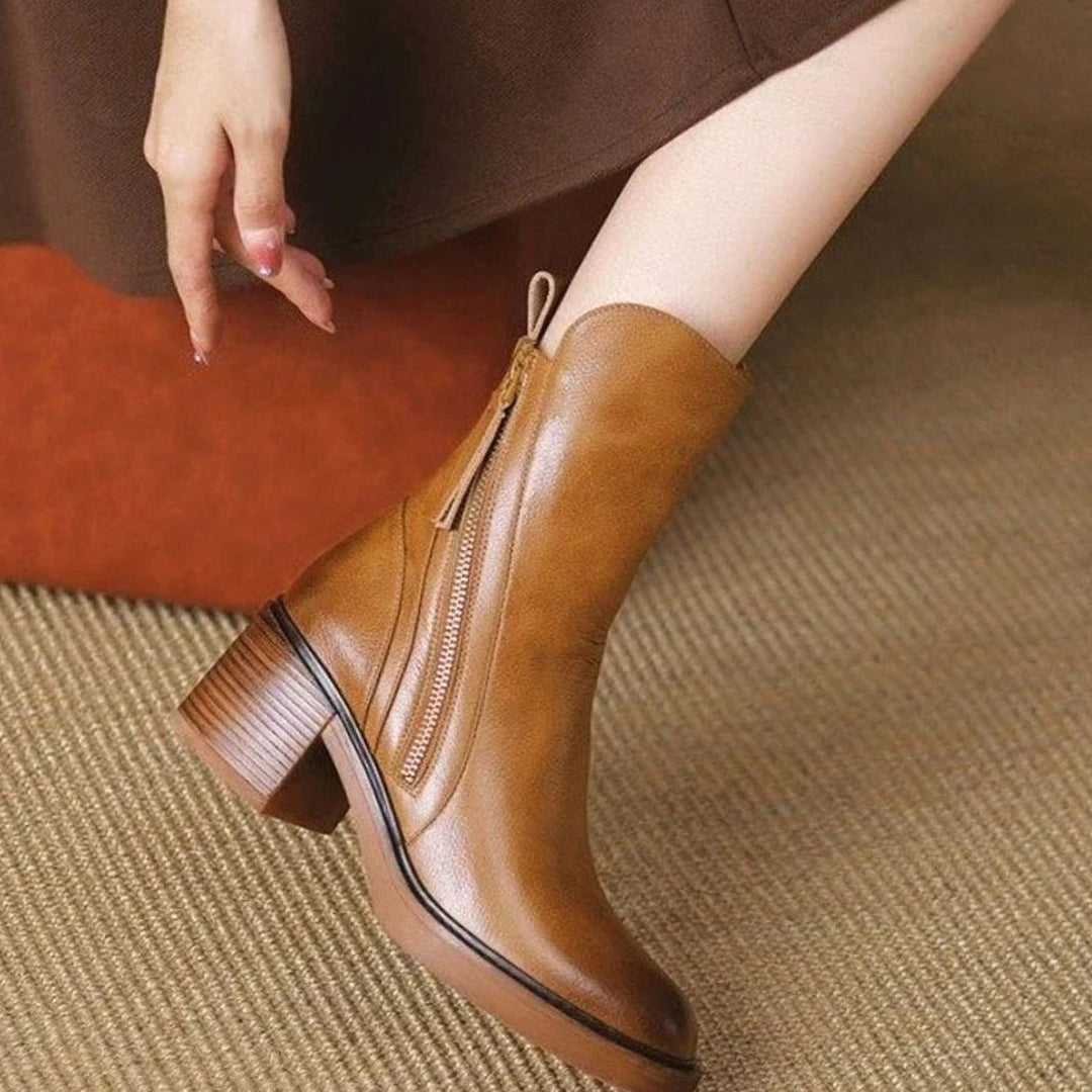 Women's Block-Heel Side-Zip Tan Leather Ankle Boots
