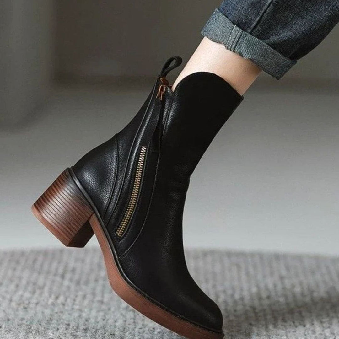 Women's Block-Heel Side-Zip Tan Leather Ankle Boots - Black