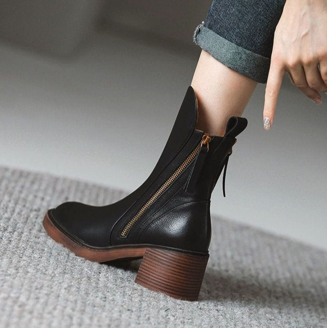 Women's Block-Heel Side-Zip Tan Leather Ankle Boots