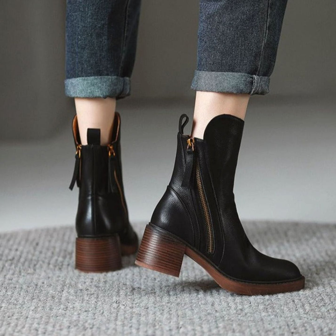 Women's Block-Heel Side-Zip Tan Leather Ankle Boots