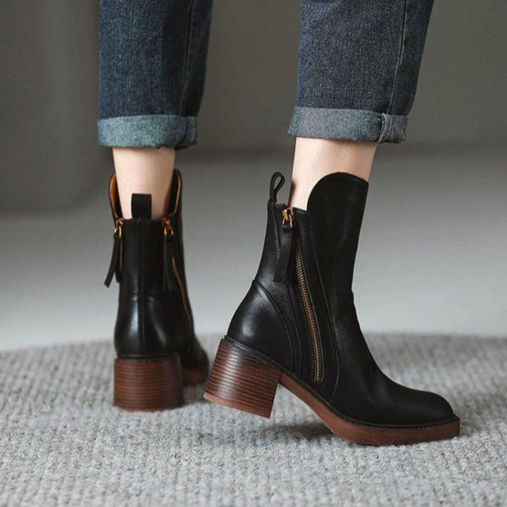 Women's Block-Heel Side-Zip Tan Leather Ankle Boots
