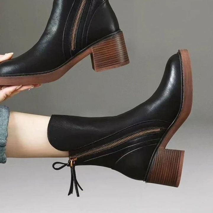 Women's Block-Heel Side-Zip Tan Leather Ankle Boots