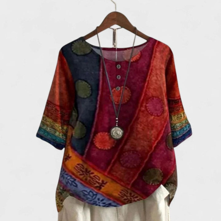 Women's Bohemian Patchwork Print Short-Sleeve Button Top - Red