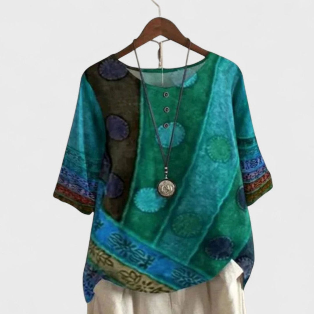 Women's Bohemian Patchwork Print Short-Sleeve Button Top - Green
