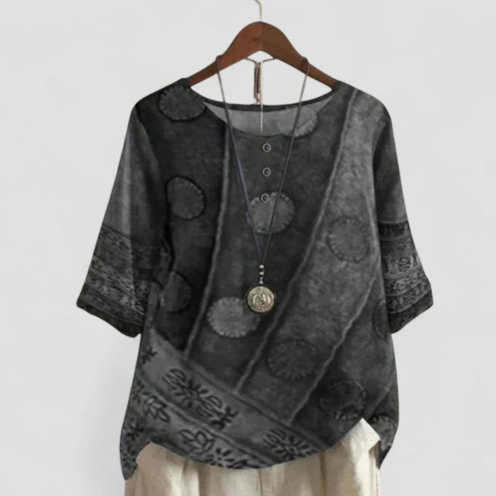 Women's Bohemian Patchwork Print Short-Sleeve Button Top - Grey