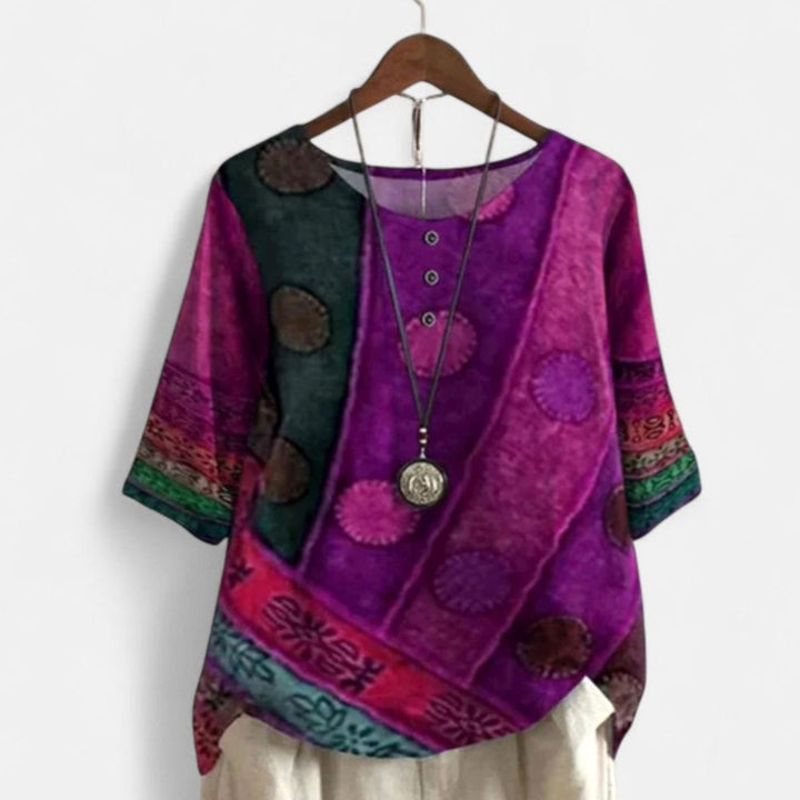 Women's Bohemian Patchwork Print Short-Sleeve Button Top - Purple