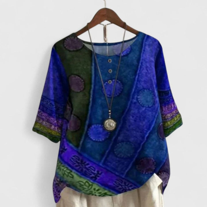 Women's Bohemian Patchwork Print Short-Sleeve Button Top - Blue