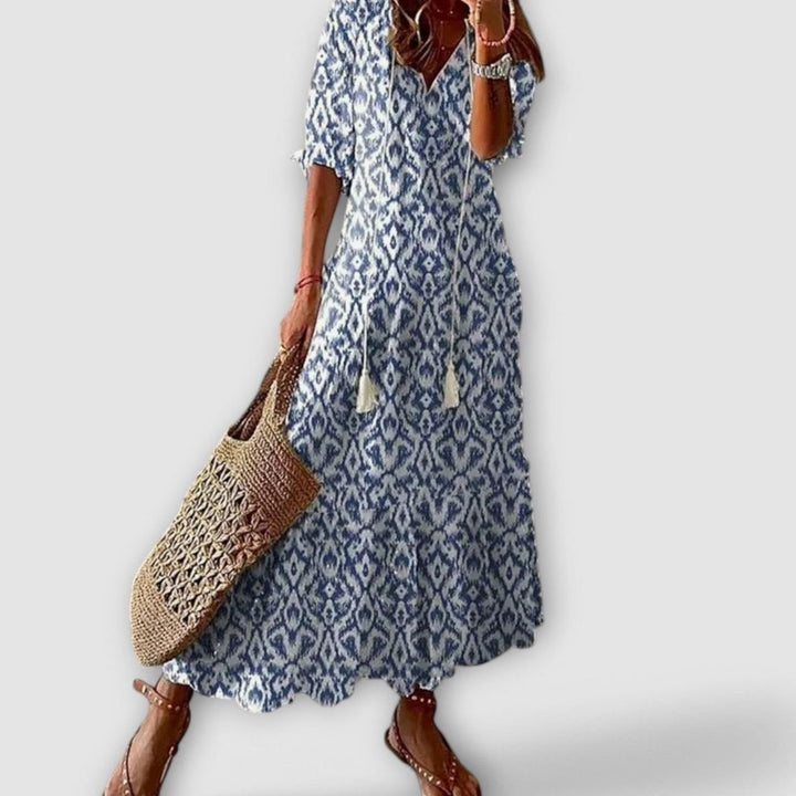 Women's Bohemian Printed Maxi Dress Adjustable Waist Tie - Sky Blue