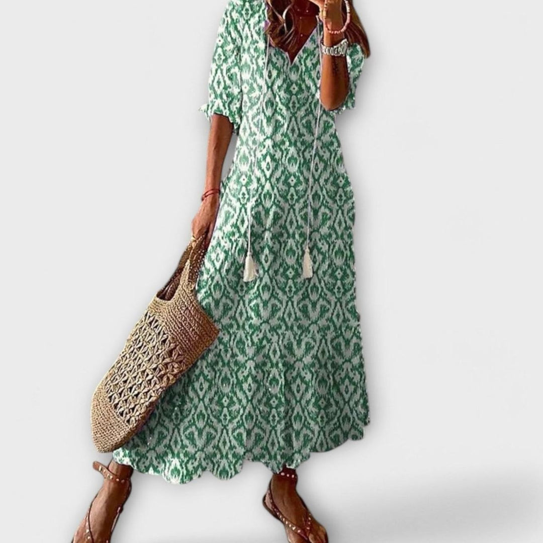 Women's Bohemian Printed Maxi Dress Adjustable Waist Tie - Green