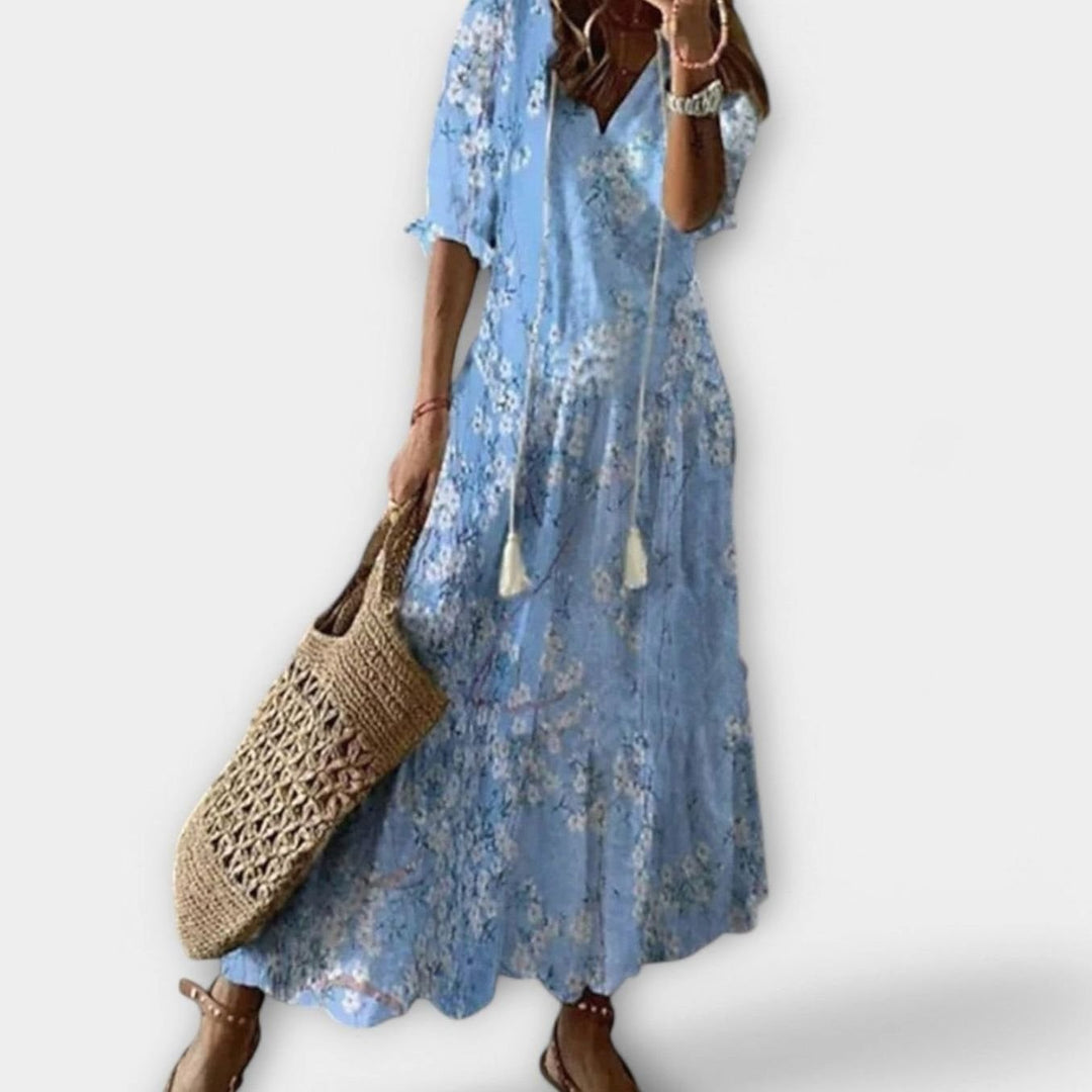 Women's Bohemian Printed Maxi Dress Adjustable Waist Tie - Light Blue