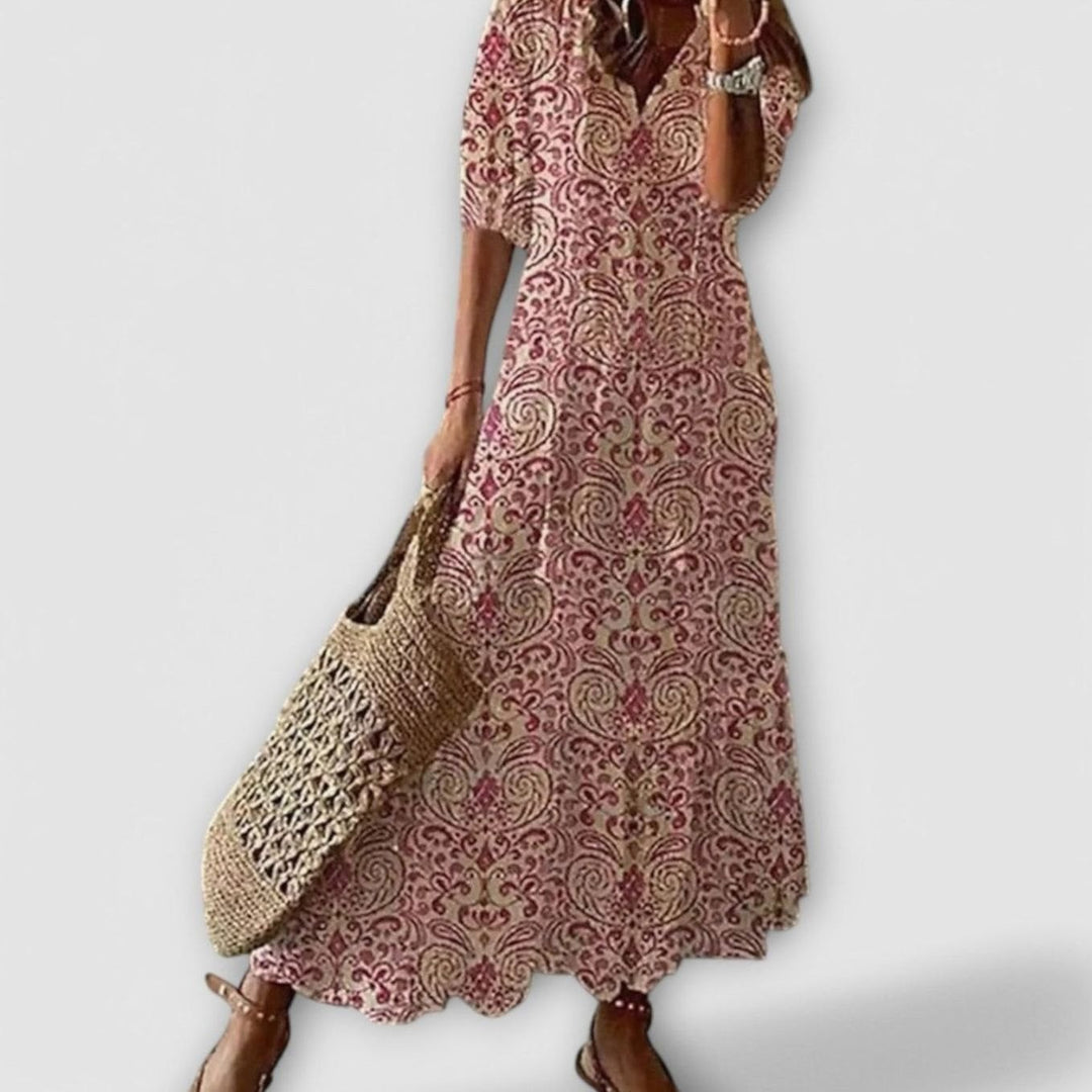 Women's Bohemian Printed Maxi Dress Adjustable Waist Tie - Pink
