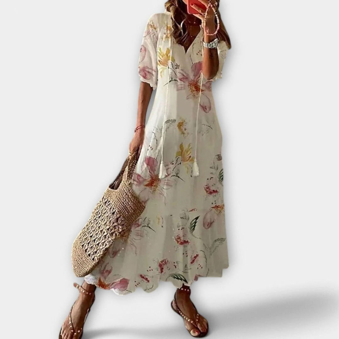 Women's Bohemian Printed Maxi Dress Adjustable Waist Tie - Beige