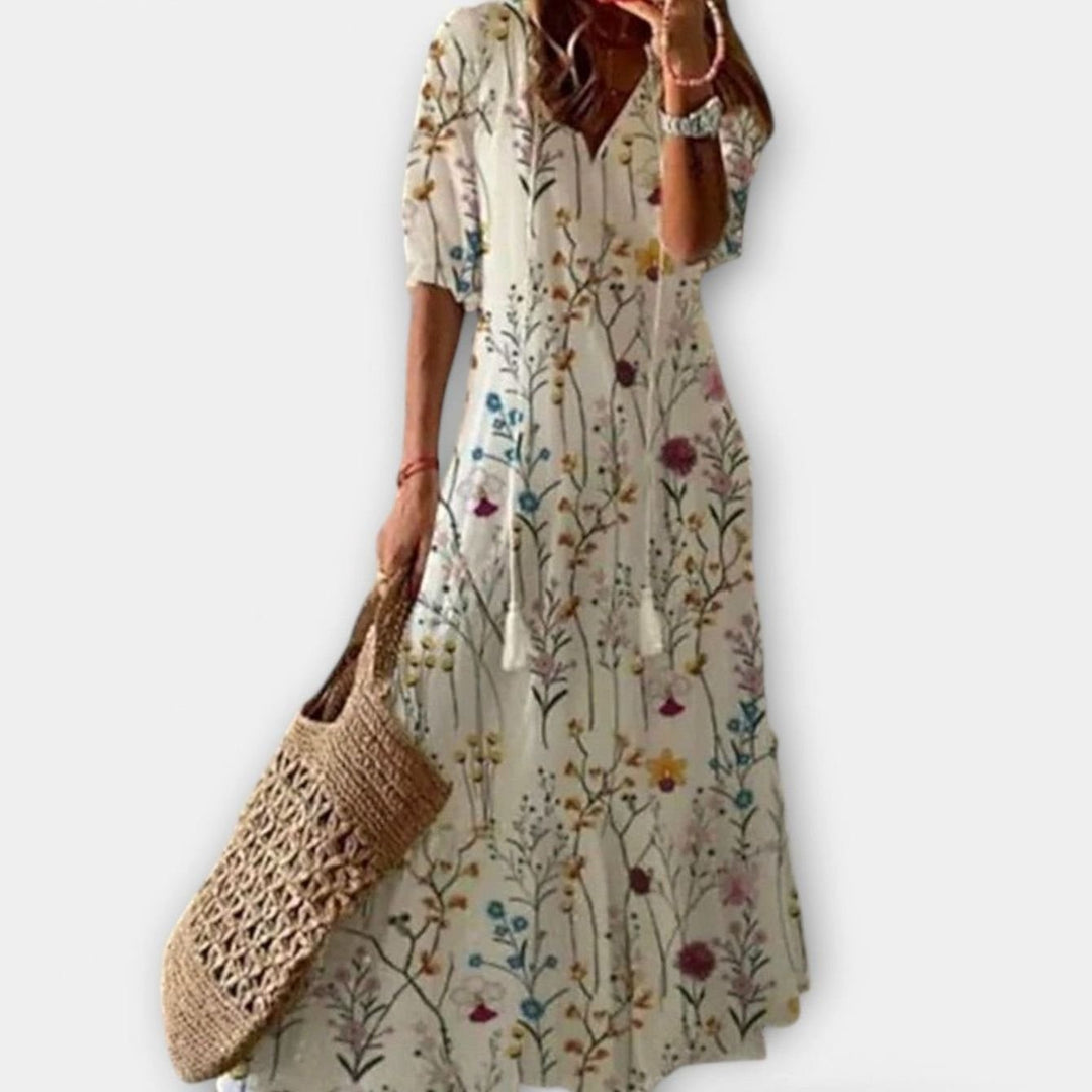 Women's Bohemian Printed Maxi Dress Adjustable Waist Tie - Multicolour
