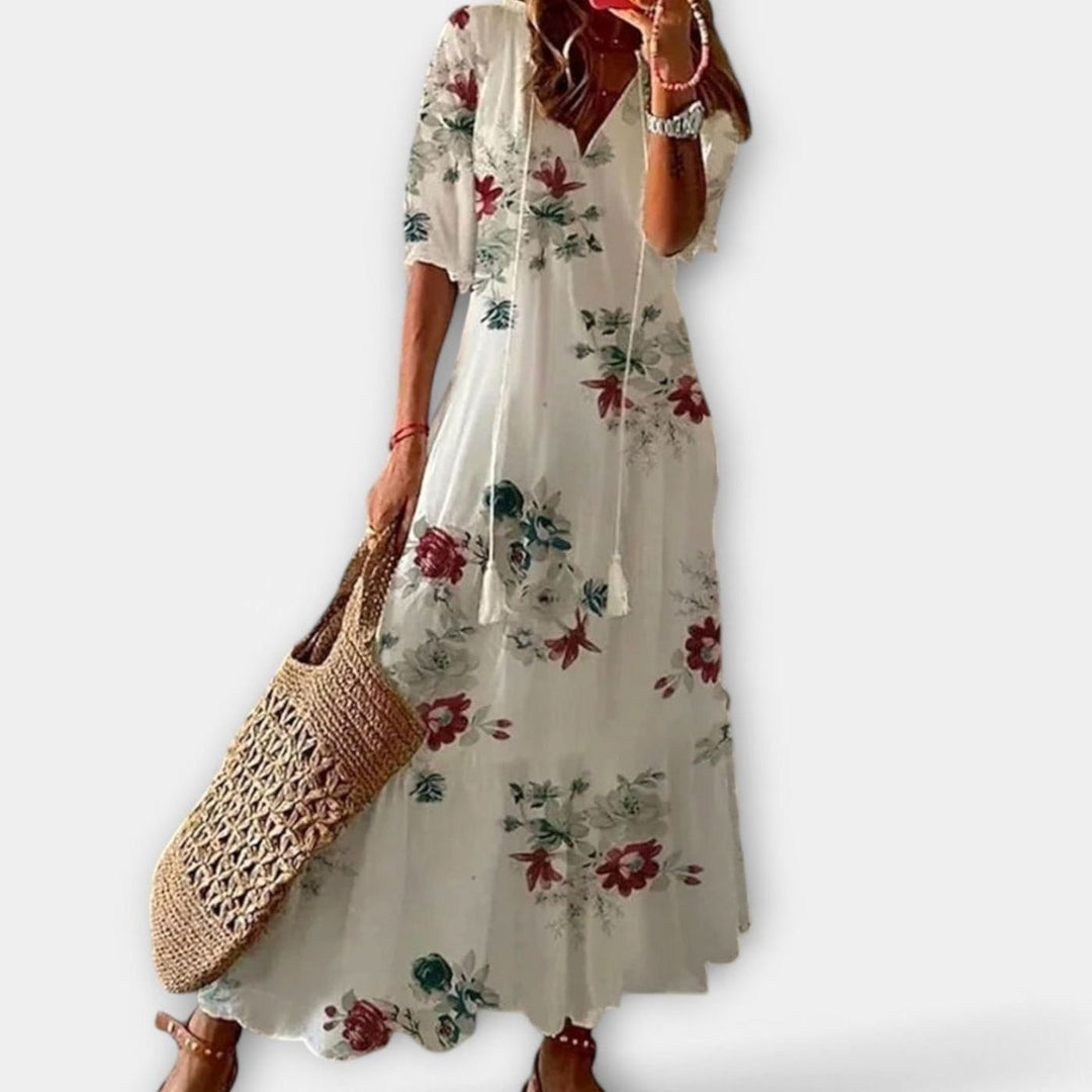 Women's Bohemian Printed Maxi Dress Adjustable Waist Tie - White