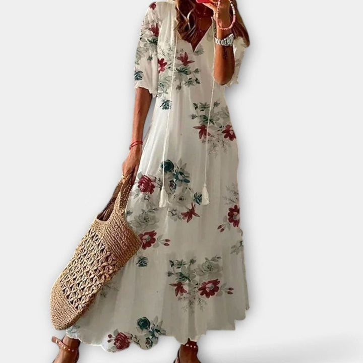 Women's Bohemian Printed Maxi Dress Adjustable Waist Tie - White